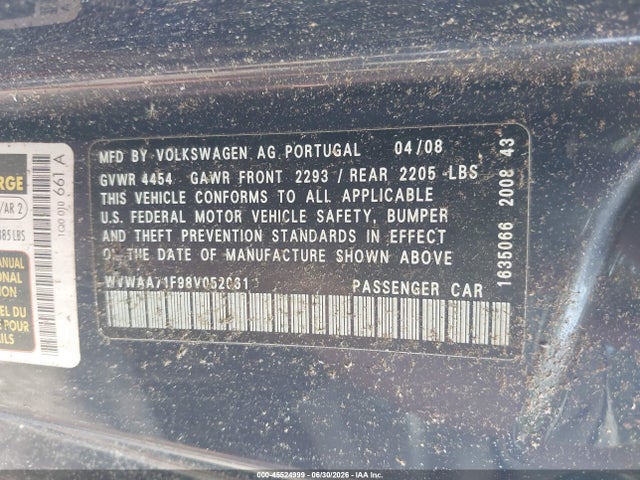 2008 Volkswagen Eos Komfort/turbo მანქანა იყიდება აუქციონზე, vin: WVWAA71F98V052061, აუქციონის ნომერი: 45524999