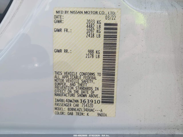 45525000 :رقم المزاد ، 1N4BL4DW2NN363910 vin ، 2022 Nissan Altima Sv Intelligent Awd مزاد بيع