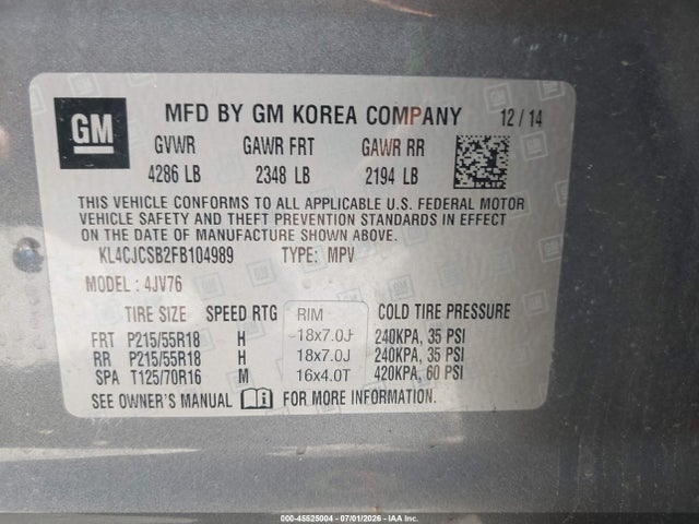 45525004 :رقم المزاد ، KL4CJCSB2FB104989 vin ، 2015 Buick Encore Leather مزاد بيع