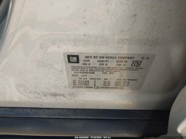 2019 Buick Encore Fwd Preferred მანქანა იყიდება აუქციონზე, vin: KL4CJASB1KB783698, აუქციონის ნომერი: 45525008