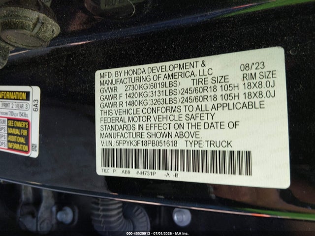 Aukcja sprzedaży 2023 Honda Ridgeline Sport, vin: 5FPYK3F18PB051618, numer aukcji: 45525013