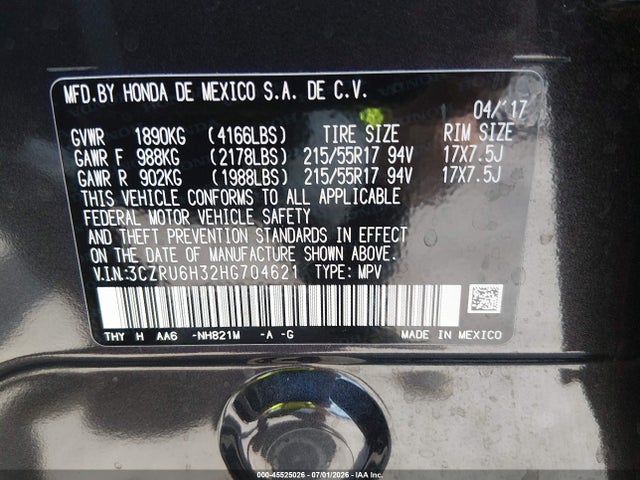 Aukcja sprzedaży 2017 Honda Hr-v Lx, vin: 3CZRU6H32HG704621, numer aukcji: 45525026