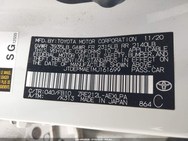 JTDEPMAE1MJ161699 Toyota COROLLA LE