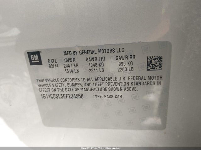 Продажа на аукционе авто 2014 Chevrolet Malibu 1lt, vin: 1G11C5SL5EF234566, номер лота: 45525038