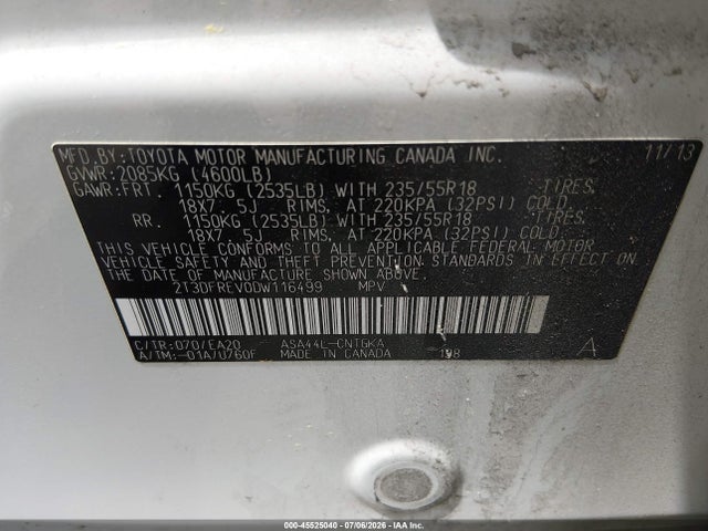 Продажа на аукционе авто 2013 Toyota Rav4 Limited, vin: 2T3DFREV0DW116499, номер лота: 45525040