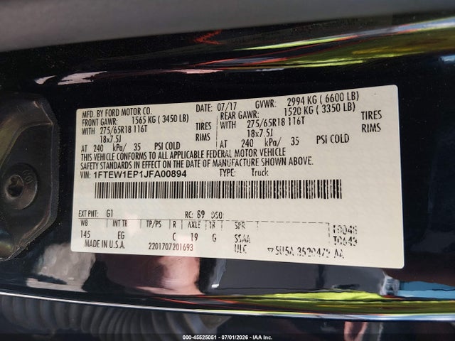 Продаж на аукціоні авто 2018 Ford F-150 Lariat, vin: 1FTEW1EP1JFA00894, номер лоту: 45525051