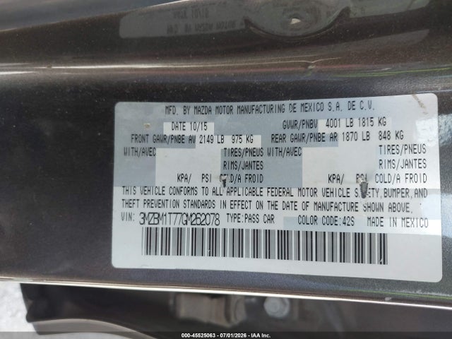 45525063 :رقم المزاد ، 3MZBM1T77GM262078 vin ، 2016 Mazda Mazda3 I Sport مزاد بيع