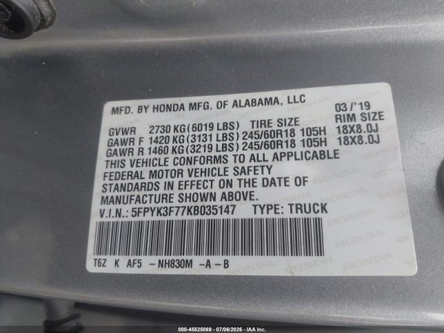 Honda Ridgeline Rtl-e 2019 5FPYK3F77KB035147 Image 9