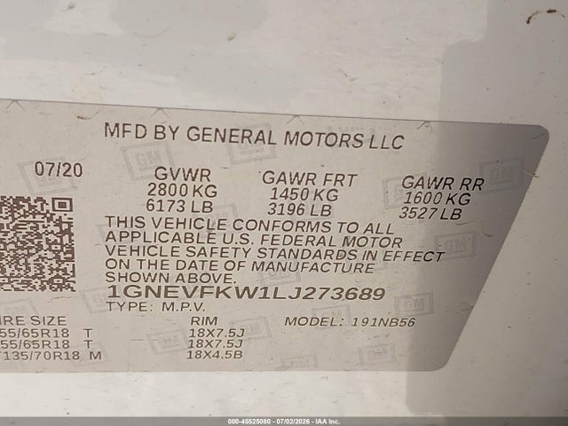 2020 Chevrolet Traverse Awd Ls მანქანა იყიდება აუქციონზე, vin: 1GNEVFKW1LJ273689, აუქციონის ნომერი: 45525080