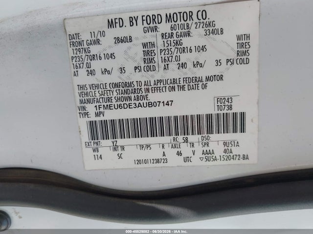Продаж на аукціоні авто 2010 Ford Explorer Xlt, vin: 1FMEU6DE3AUB07147, номер лоту: 45525082