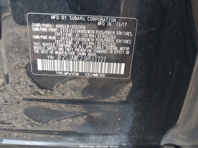 2018 Subaru Forester 2.5i Touring მანქანა იყიდება აუქციონზე, vin: JF2SJAWC2JH511727, აუქციონის ნომერი: 45525084