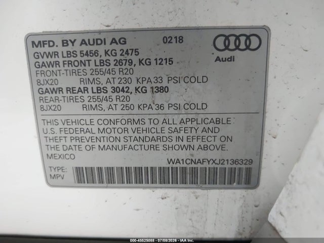 Продаж на аукціоні авто 2018 Audi Q5 2.0t Premium/2.0t Tech Premium, vin: WA1CNAFYXJ2136329, номер лоту: 45525088