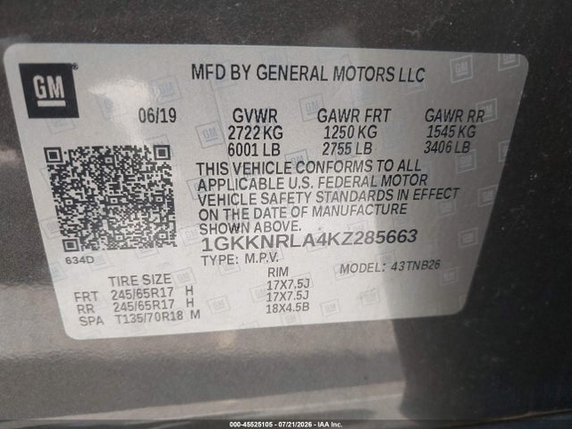 Aukcja sprzedaży 2019 Gmc Acadia Sle-1, vin: 1GKKNRLA4KZ285663, numer aukcji: 45525105