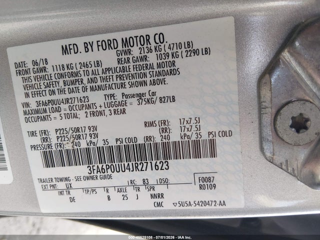 Продаж на аукціоні авто 2018 Ford Fusion Hybrid S, vin: 3FA6P0UU4JR271623, номер лоту: 45525108