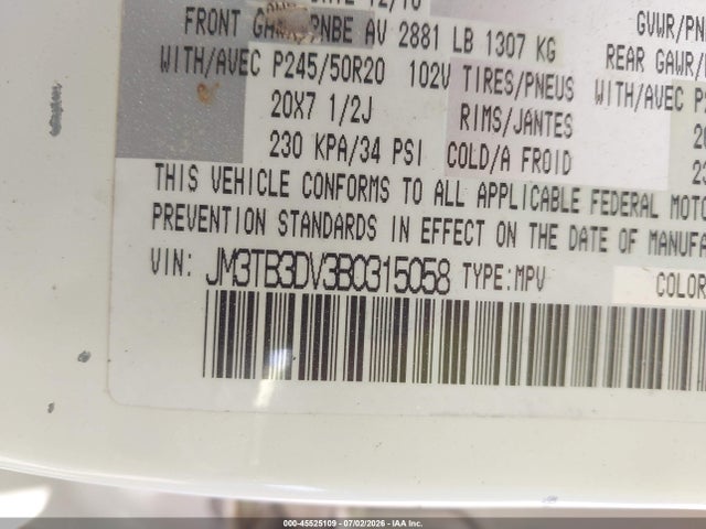 Продаж на аукціоні авто 2011 Mazda Cx-9 Grand Touring, vin: JM3TB3DV3B0315058, номер лоту: 45525109