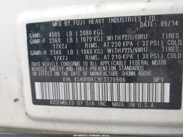 Subaru Outback 2.5i Limited 2014 4S4BRBKC9E3320906 Image 9