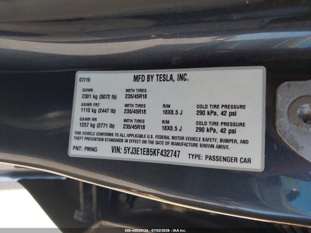 Продаж на аукціоні авто 2019 Tesla Model 3 Long Range/performance, vin: 5YJ3E1EB5KF432747, номер лоту: 45525124