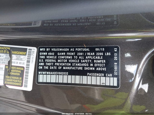 45525162 :رقم المزاد ، WVWFW8AH2EV002032 vin ، 2014 Volkswagen Eos Executive مزاد بيع