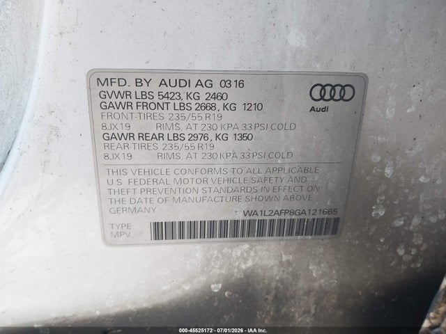 Aukcja sprzedaży 2016 Audi Q5 2.0t Premium, vin: WA1L2AFP8GA121665, numer aukcji: 45525172