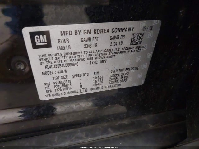 Продаж на аукціоні авто 2020 Buick Encore Awd Sport Touring, vin: KL4CJ2SB4LB009646, номер лоту: 45525177