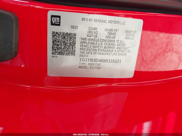 1G1YB3D46N5115121 Chevrolet Corvette Stingray Rwd 2lt
