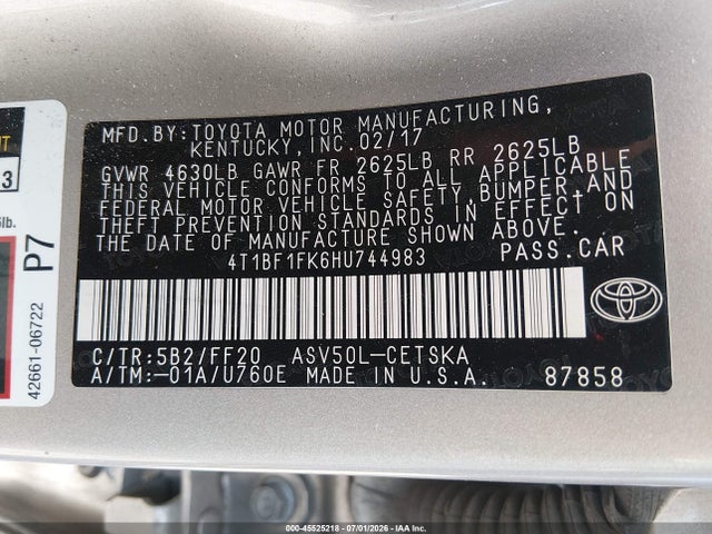 45525218 :رقم المزاد ، 4T1BF1FK6HU744983 vin ، 2017 Toyota Camry Se مزاد بيع