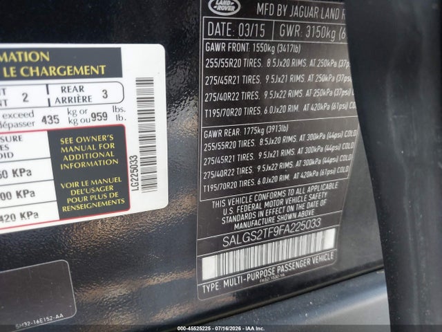 Aukcja sprzedaży 2015 Land Rover Range Rover 5.0l V8 Supercharged, vin: SALGS2TF9FA225033, numer aukcji: 45525225