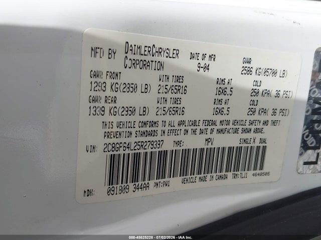 Продажа на аукционе авто 2005 Chrysler Town & Country Limited, vin: 2C8GP64L25R279397, номер лота: 45525228