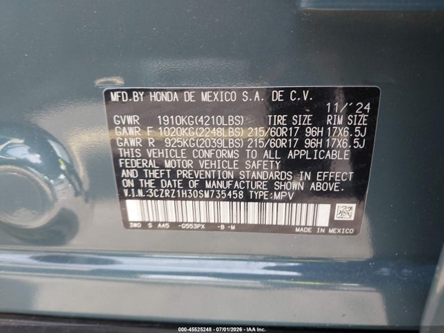 Продаж на аукціоні авто 2025 Honda Hr-v 2wd Lx, vin: 3CZRZ1H30SM735458, номер лоту: 45525248
