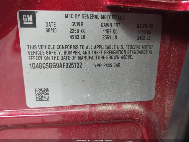Aukcja sprzedaży 2010 Buick Lacrosse Cxl, vin: 1G4GC5GG9AF325732, numer aukcji: 45525251