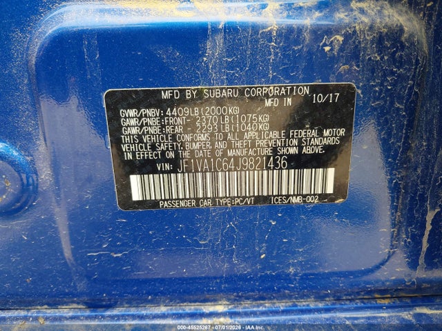 2018 Subaru Wrx Premium მანქანა იყიდება აუქციონზე, vin: JF1VA1C64J9821436, აუქციონის ნომერი: 45525267