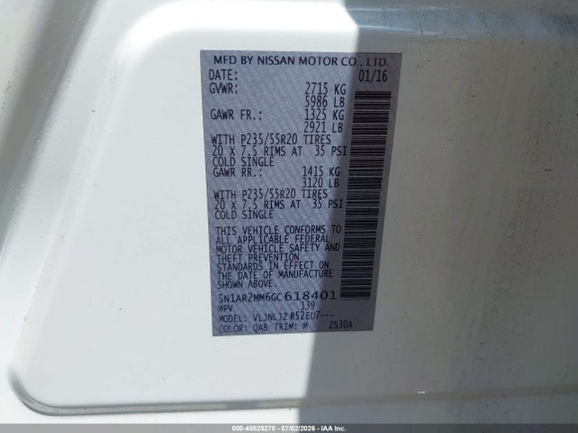 Продажа на аукционе авто 2016 Nissan Pathfinder Platinum, vin: 5N1AR2MM6GC618401, номер лота: 45525270