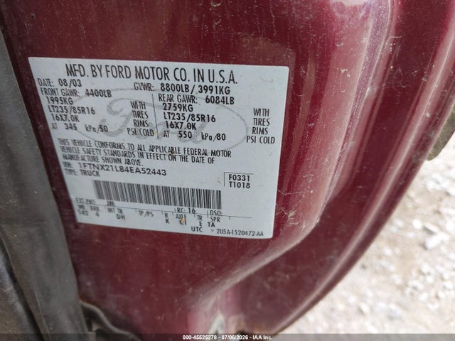 Продажа на аукционе авто 2004 Ford F-250 Lariat/xl/xlt, vin: 1FTNX21L84EA52443, номер лота: 45525278