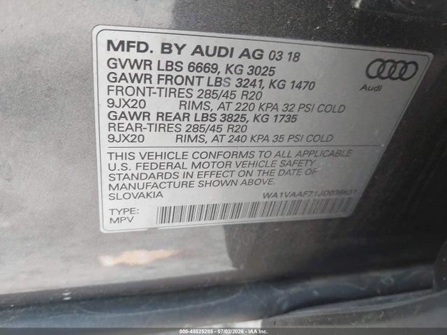 Продажа на аукционе авто 2018 Audi Q7 3.0t Premium, vin: WA1VAAF71JD038631, номер лота: 45525285