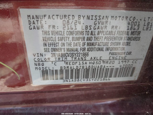 3N1AB8CV3SY221866 Nissan SENTRA SV