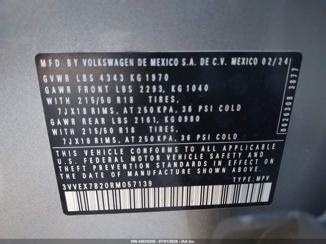 45525300 :رقم المزاد ، 3VVEX7B20RM057139 vin ، 2024 Volkswagen Taos 1.5t Se مزاد بيع