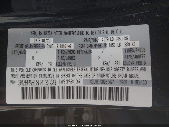 Aukcja sprzedaży 2020 Mazda Mazda3, vin: 3MZBPABL8LM132729, numer aukcji: 45525313