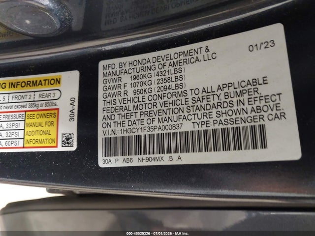 Aukcja sprzedaży 2023 Honda Accord Ex, vin: 1HGCY1F35PA000837, numer aukcji: 45525326