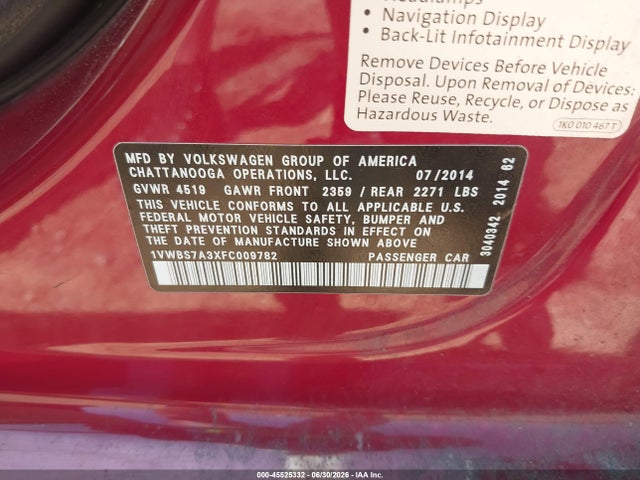 2015 Volkswagen Passat 1.8t Se მანქანა იყიდება აუქციონზე, vin: 1VWBS7A3XFC009782, აუქციონის ნომერი: 45525332
