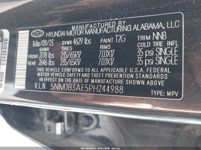Продажа на аукционе авто 2023 Hyundai Tucson Sel, vin: 5NMJB3AE5PH244988, номер лота: 45525375