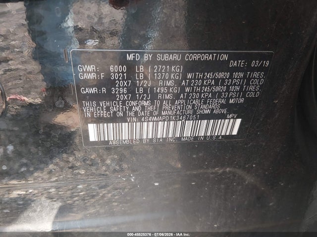 45525376 :رقم المزاد ، 4S4WMAPD1K3467051 vin ، 2019 Subaru Ascent Limited مزاد بيع
