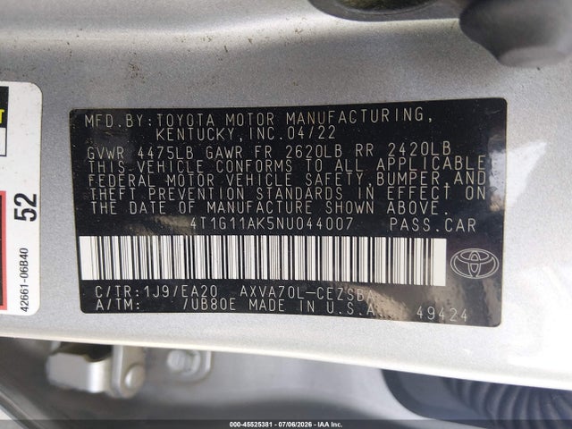 45525381 :رقم المزاد ، 4T1G11AK5NU044007 vin ، 2022 Toyota Camry Se مزاد بيع