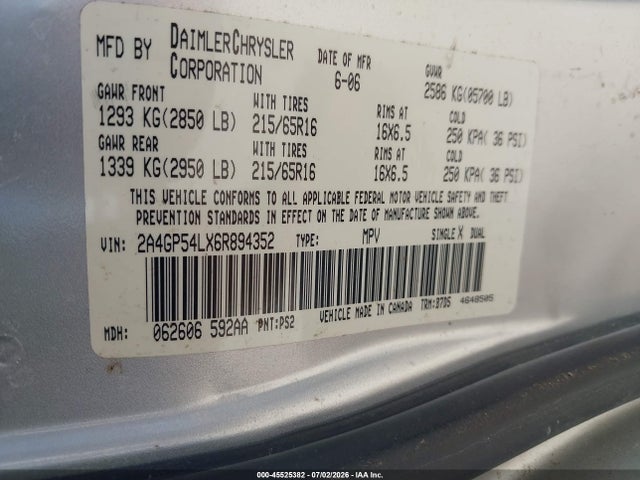 2006 Chrysler Town & Country Touring მანქანა იყიდება აუქციონზე, vin: 2A4GP54LX6R894352, აუქციონის ნომერი: 45525382