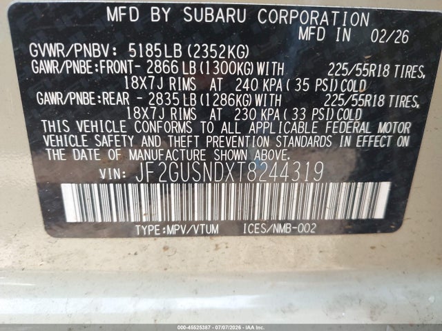 2026 Subaru Crosstrek Limited მანქანა იყიდება აუქციონზე, vin: JF2GUSNDXT8244319, აუქციონის ნომერი: 45525387