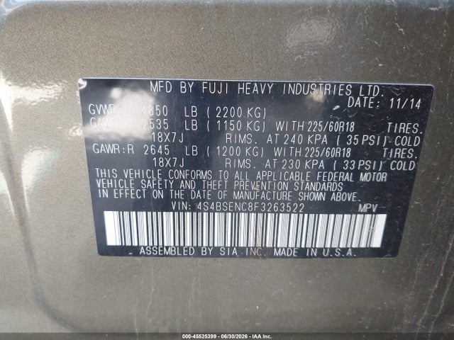 Aukcja sprzedaży 2015 Subaru Outback 3.6r Limited, vin: 4S4BSENC8F3263522, numer aukcji: 45525399