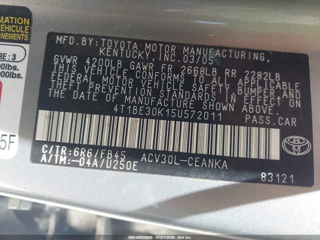 Продажа на аукционе авто 2005 Toyota Camry Le, vin: 4T1BE30K15U572011, номер лота: 45525400