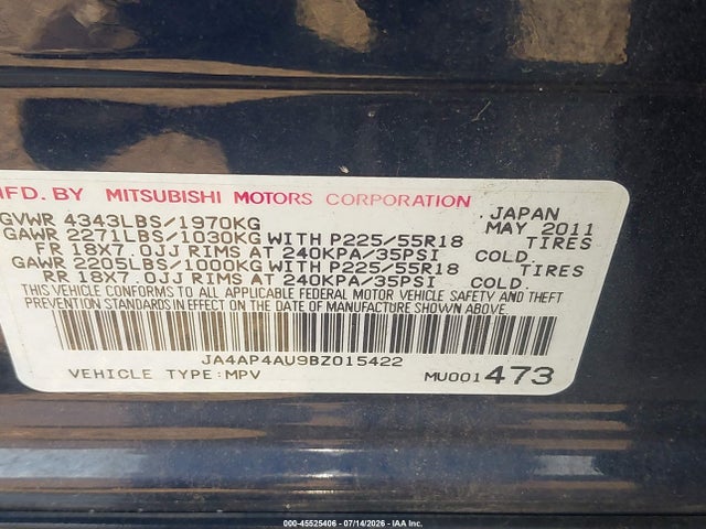 Aukcja sprzedaży 2011 Mitsubishi Outlander Sport Se, vin: JA4AP4AU9BZ015422, numer aukcji: 45525406