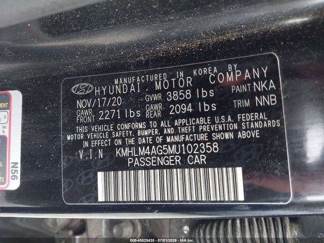 2021 Hyundai Elantra Sel მანქანა იყიდება აუქციონზე, vin: KMHLM4AG5MU102358, აუქციონის ნომერი: 45525435