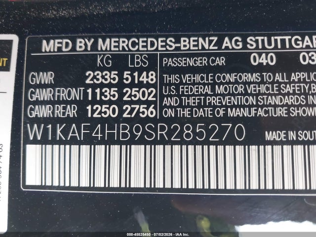 Продаж на аукціоні авто 2025 Mercedes-benz C 300, vin: W1KAF4HB9SR285270, номер лоту: 45525450