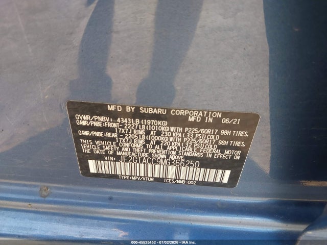 45525452 :رقم المزاد ، JF2GTACC9MG366250 vin ، 2021 Subaru Crosstrek Premium مزاد بيع